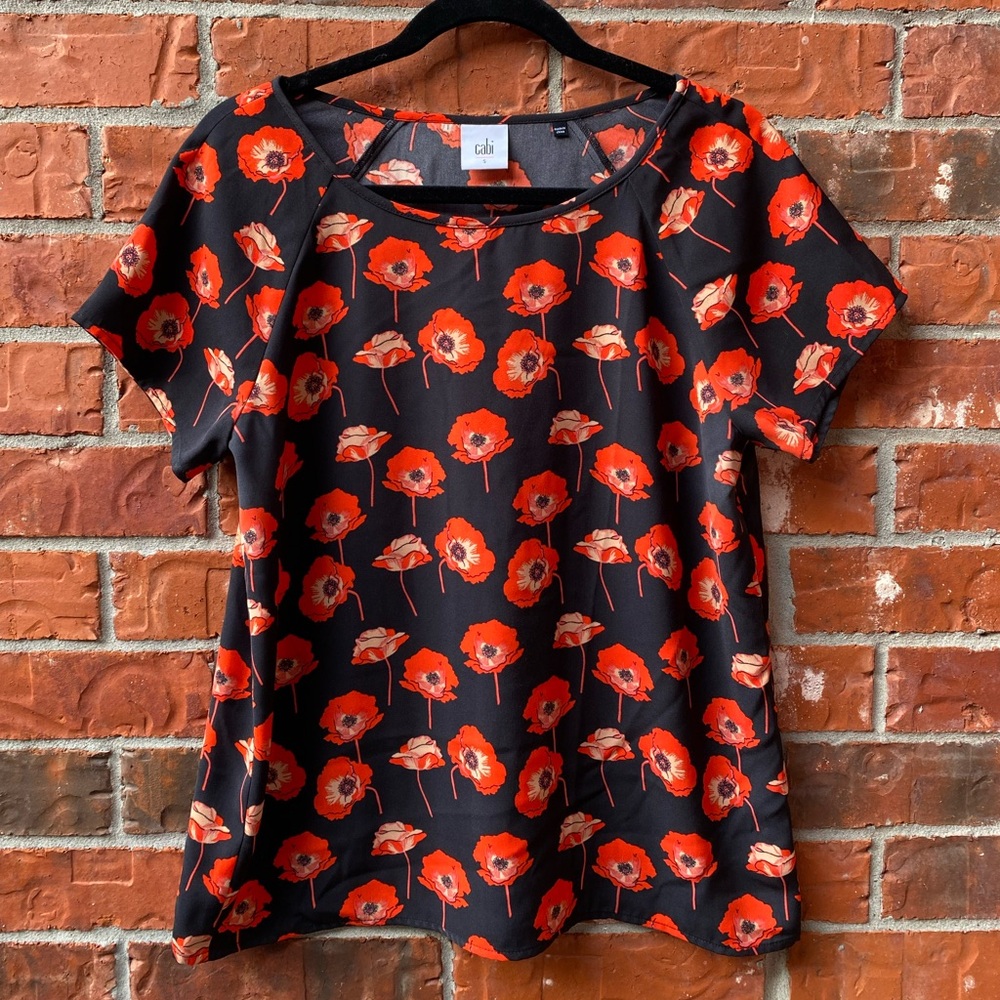 Cabi 3251 Small Flanders Red Poppy Floral Airy Split Back Career Office Blouse